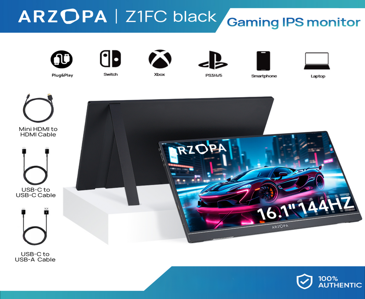 ARZOPA Z1FC Portable Gaming Monitor, 16.1" IPS Display, FHD Resolution, 144Hz Refresh Rate, 16.7m Color Display, Eye Care, External Second Screen for Laptop, PC, PS5, Mac, Xbox, Black | Z1FC