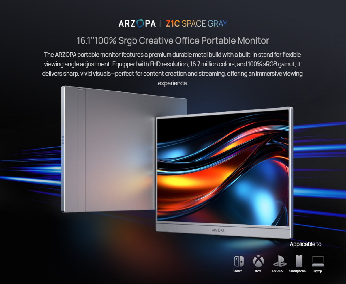 ARZOPA Z1C Grey Portable Monitor, 16.1" IPS Display, Full HD Resolution, 100% sRGB, Ultra-Slim Aluminum Design, Lightweight External Screen for Laptop, PC, Mac, PS5 & Xbox, Grey | Z1C-Grey