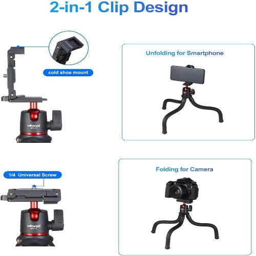 ULANZI MT-11 Camera Tripod, Mini Flexible Stand with Hidden Phone Holder w Cold Shoe Mount, 1/4'' Screw for Magic Arm, Universal for iPhone 13 12 Pro Max XS Max X 8 Samsung Canon Nikon Sony Cameras