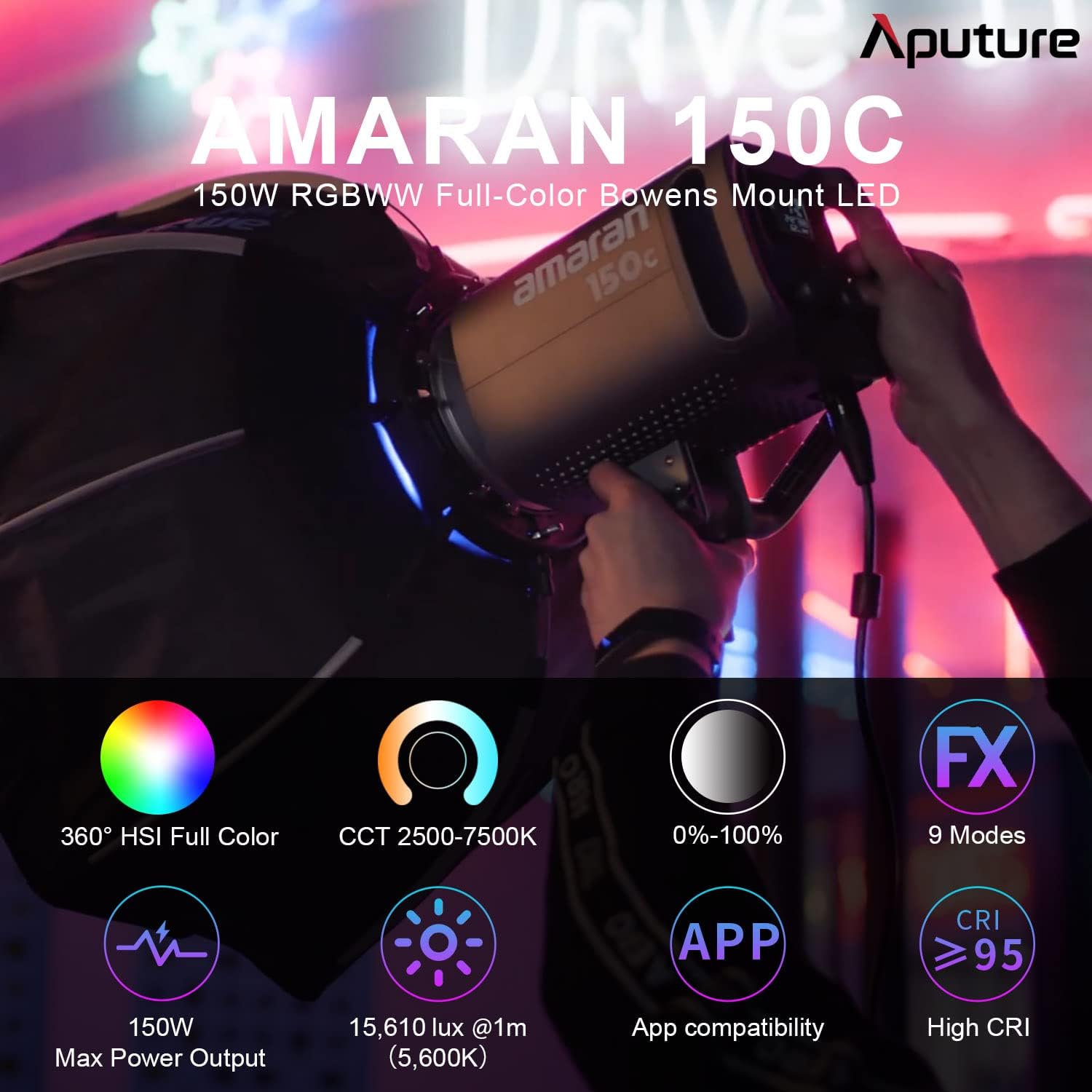 Aputure Amaran 150c 150W RGBWW Full-Color Bowens Mount Point-Source LED Light Grey