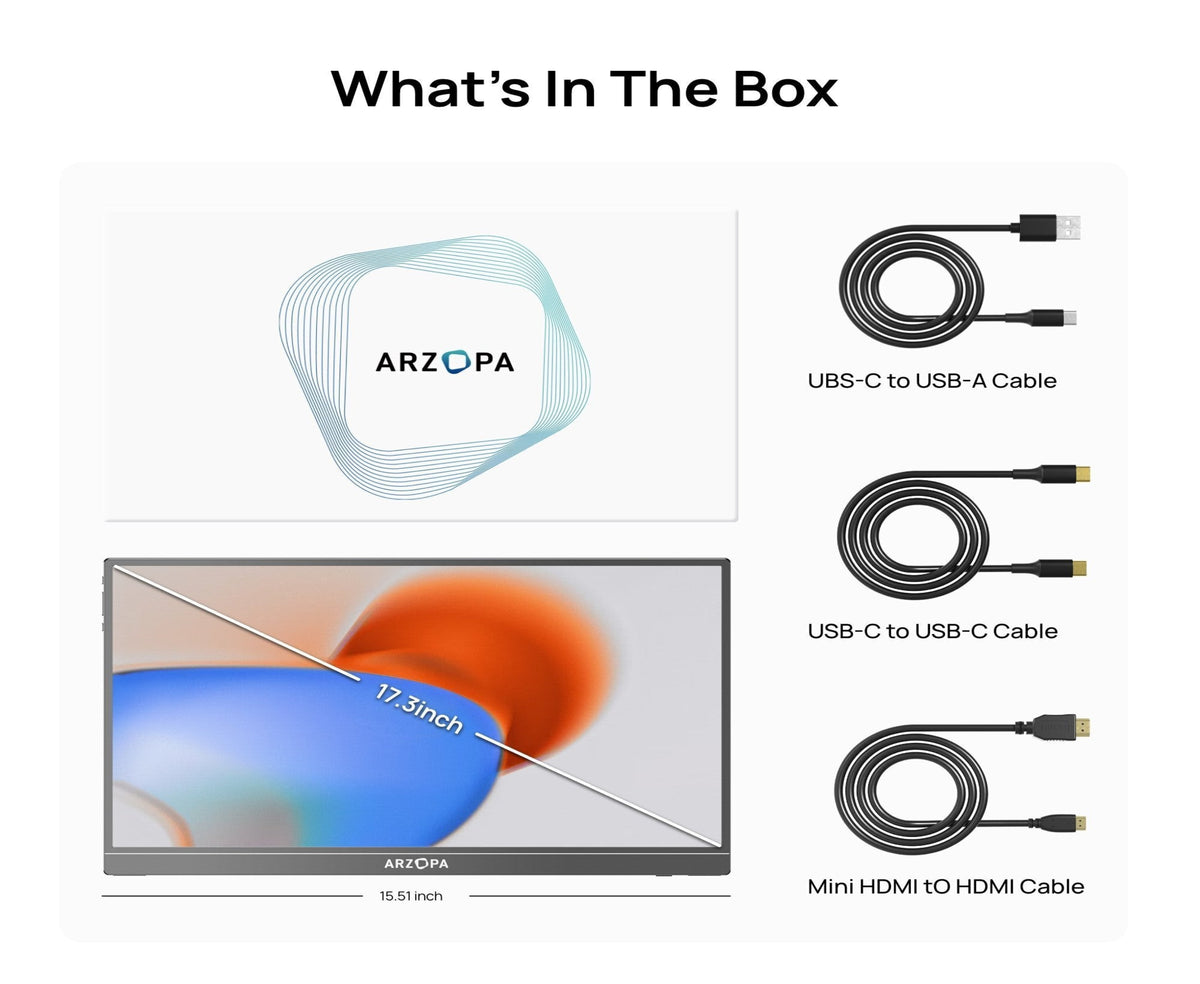 ARZOPA A1M Portable Monitor, 17.3" IPS Display, Full HD Resolution, 60Hz Refresh Rate, USB-C & Mini HDMI, Built-in Kickstand, Dual Speakers, HDR, PC, Mac, PS5, Xbox & Switch, Black | A1M