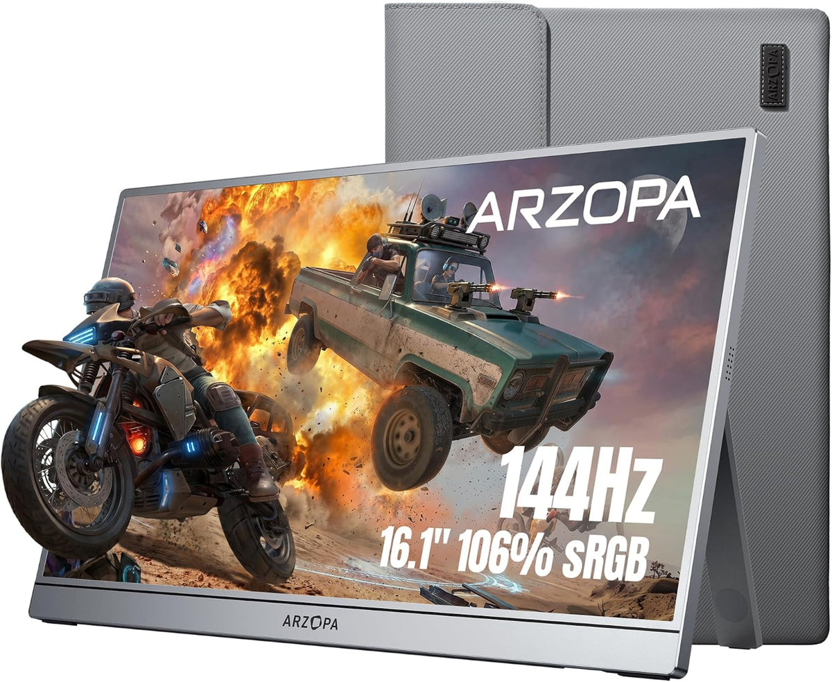 ARZOPA Z1FC GREY 16.1'' 144Hz Portable Gaming Monitor, 106% sRGB 1080P FHD Kickstand Portable Monitor with HDR, Ultra Slim, Eye Care, External Second Screen for Laptop, PC, PS5, Mac, Xbox.