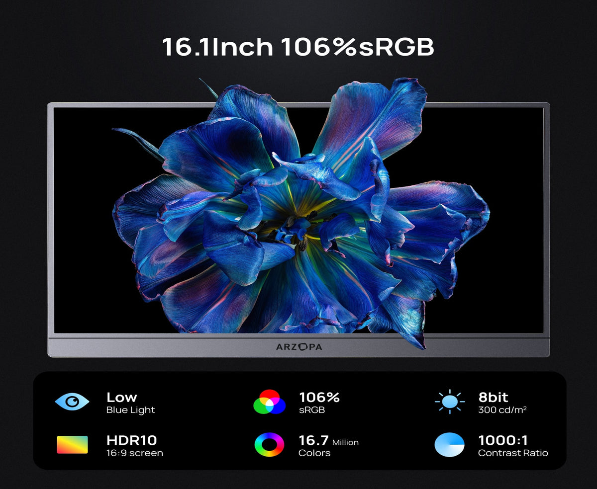 ARZOPA Z1FC GREY 16.1'' 144Hz Portable Gaming Monitor, 106% sRGB 1080P FHD Kickstand Portable Monitor with HDR, Ultra Slim, Eye Care, External Second Screen for Laptop, PC, PS5, Mac, Xbox.