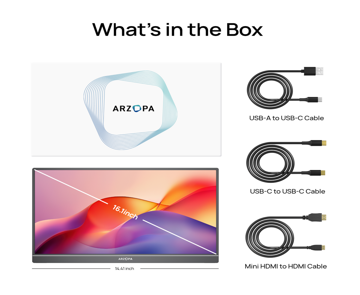 ARZOPA Z1C 16.1-Inch Portable Monitor, 16.1" IPS Display, Full HD Resolution, 60Hz Refresh Rate, USB-C & Mini HDMI, Built-in Kickstand, Built-in Speakers, PC, Mac, PS5, Xbox & Switch.