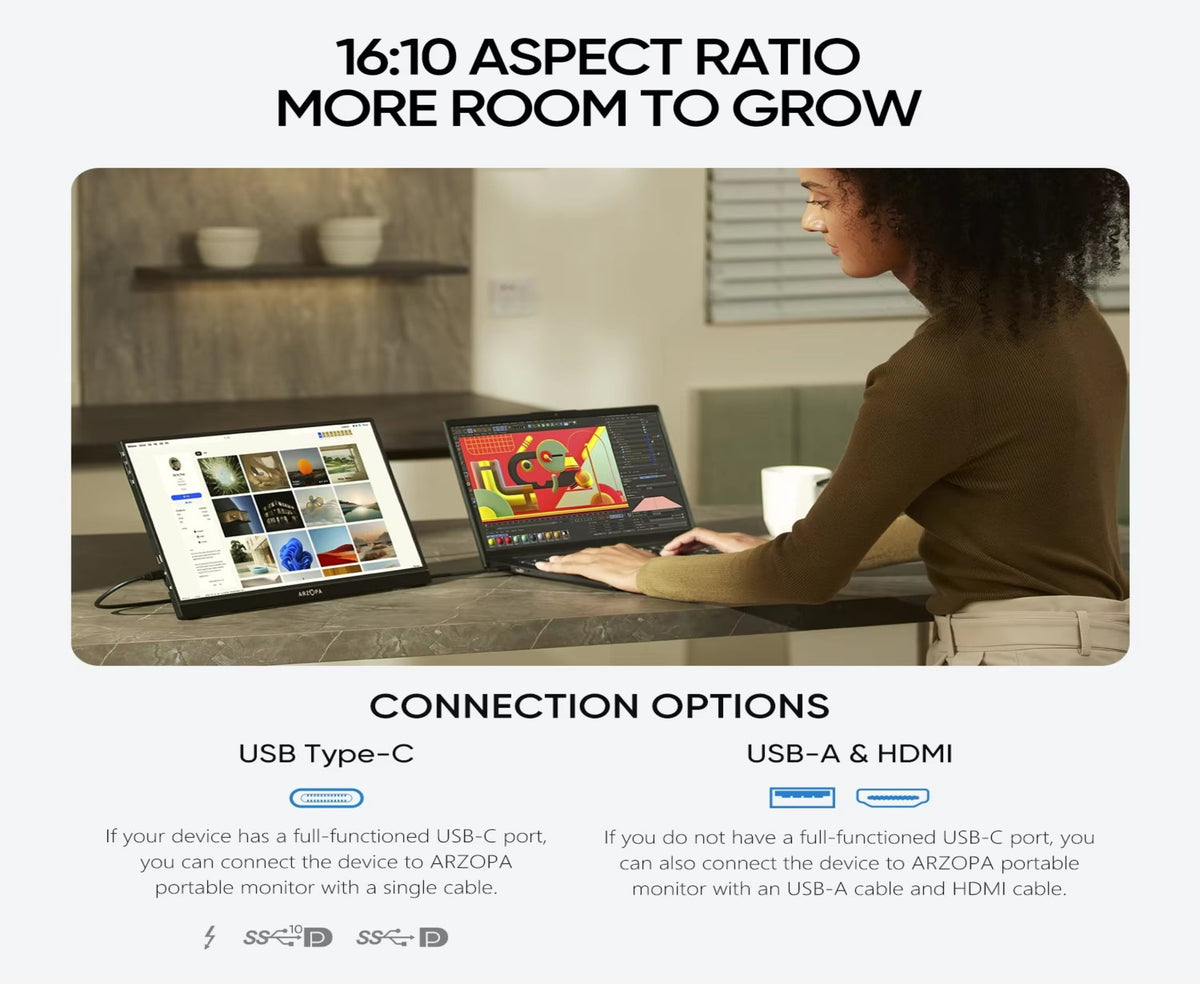 ARZOPA Z1RC 16" 2.5K Portable Monitor, 2560x1600 QHD IPS Display 123% sRGB with Built-in Stand USB-C HDMI Eye Care External Second Screen for Mac Laptop Phone PS4/5 Xbox Switch.