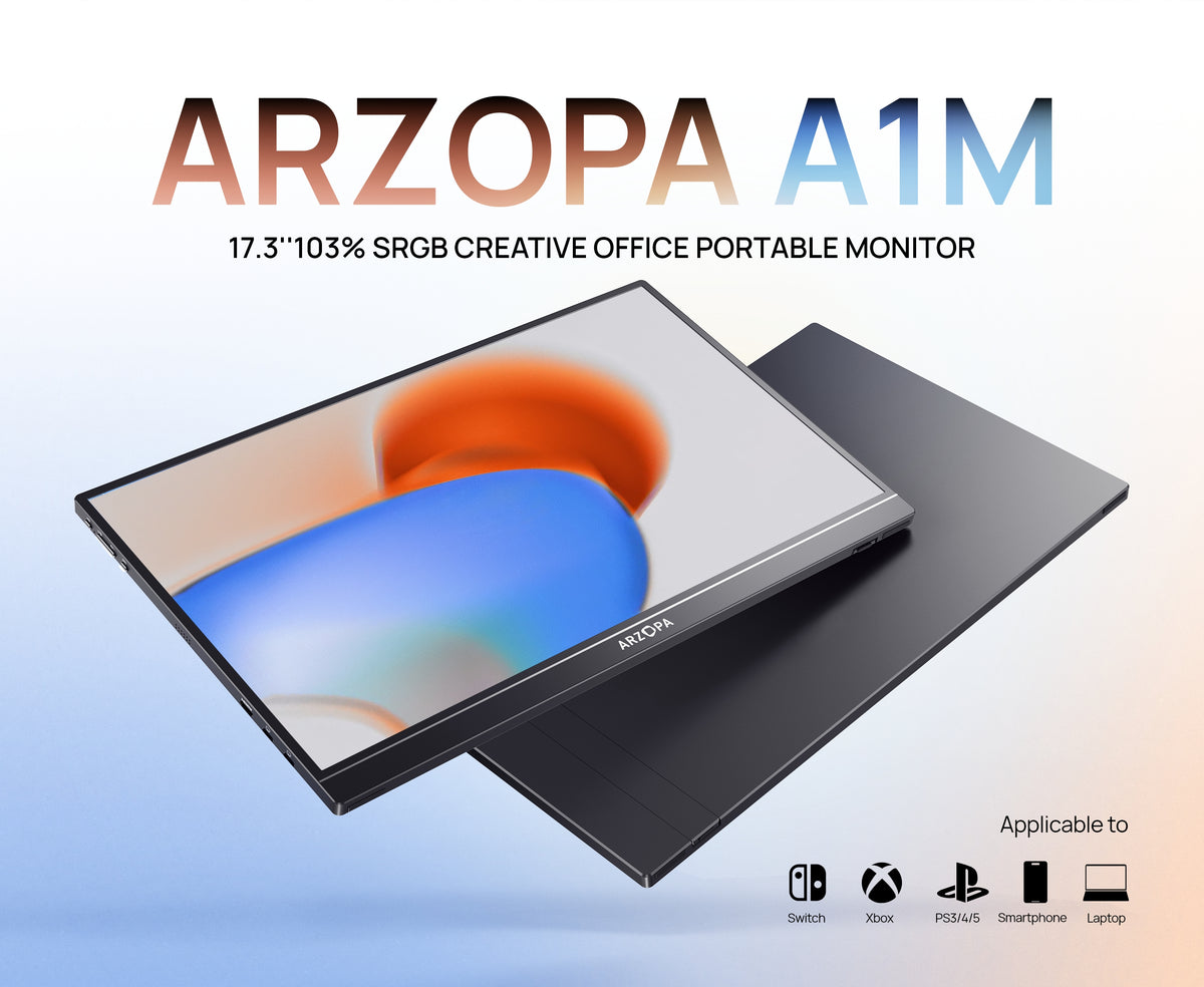 ARZOPA A1M Portable Monitor, 17.3" IPS Display, Full HD Resolution, 60Hz Refresh Rate, USB-C & Mini HDMI, Built-in Kickstand, Dual Speakers, HDR, PC, Mac, PS5, Xbox & Switch, Black | A1M