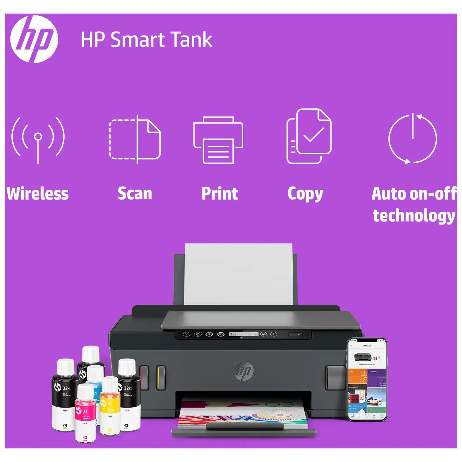 HP Smart Tank 515 Printer Wireless, Print, Scan, Copy, All In One Printer, Print up to 18000 black or 8000 color pages – Black [1TJ09A]