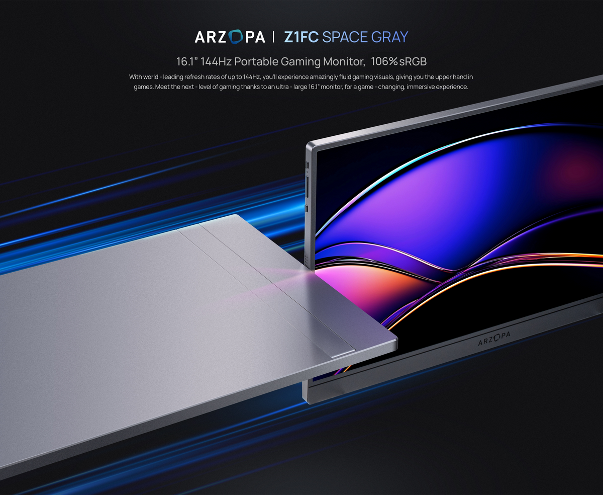 ARZOPA Z1FC GREY 16.1'' 144Hz Portable Gaming Monitor, 106% sRGB 1080P FHD Kickstand Portable Monitor with HDR, Ultra Slim, Eye Care, External Second Screen for Laptop, PC, PS5, Mac, Xbox.