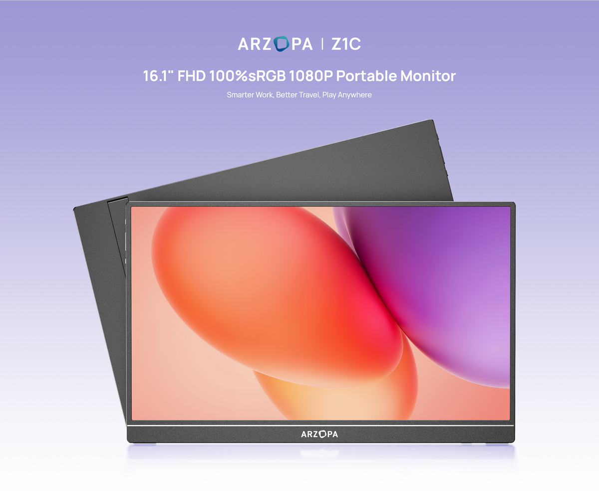 ARZOPA Z1C 16.1-Inch Portable Monitor, 16.1" IPS Display, Full HD Resolution, 60Hz Refresh Rate, USB-C & Mini HDMI, Built-in Kickstand, Built-in Speakers, PC, Mac, PS5, Xbox & Switch.