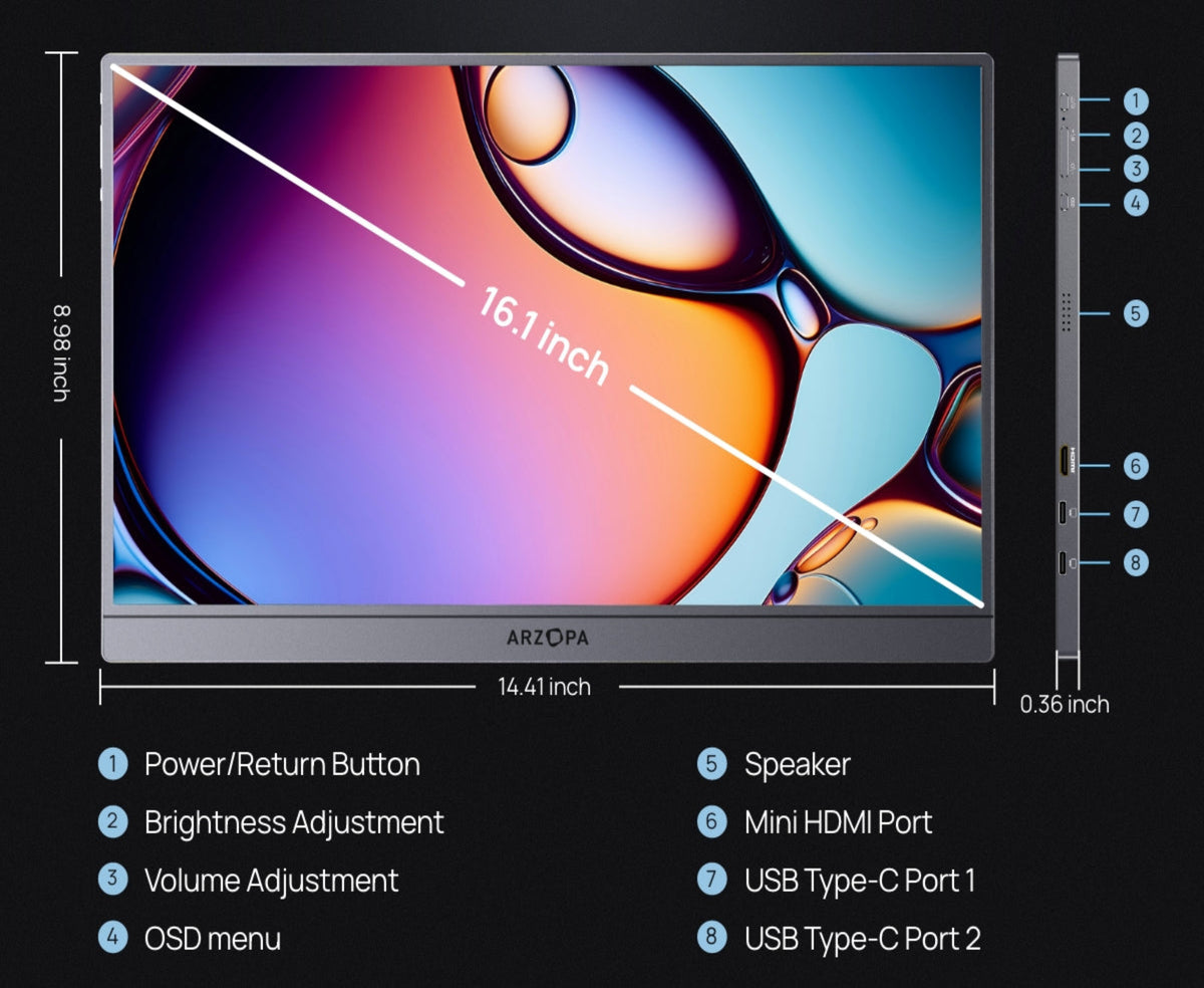 ARZOPA Z3FC 16.1'' 180Hz 2.5K Portable Monitor, 2560x1440 QHD 107% sRGB Kickstand Portable Gaming Monitor with HDR, Ultra Slim, Eye Care, External Second Screen for Laptop, PC, PS5, Mac, Xbox.