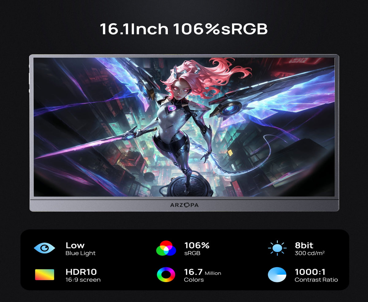 ARZOPA Z1FC GREY 16.1'' 144Hz Portable Gaming Monitor, 106% sRGB 1080P FHD Kickstand Portable Monitor with HDR, Ultra Slim, Eye Care, External Second Screen for Laptop, PC, PS5, Mac, Xbox.
