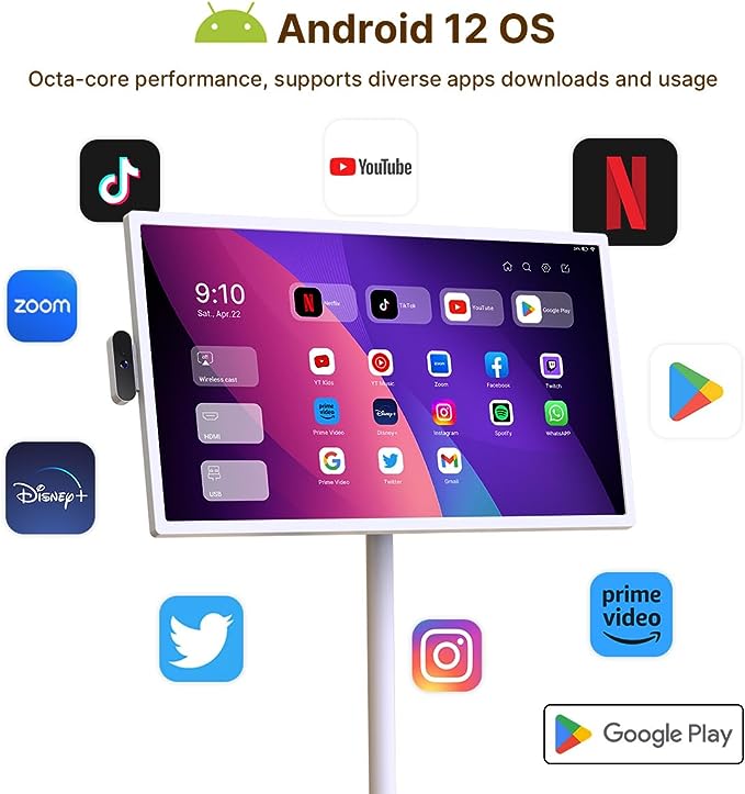 Taktik Portable Smart Screen 32-inch Android Mobile Monitor with Camera Stand, 1080p Rotatable Touch Screen