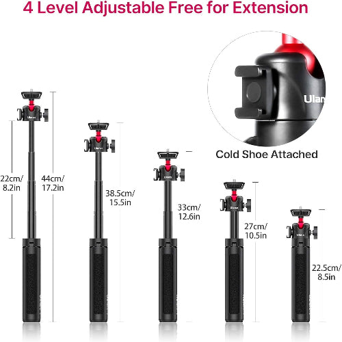 ULANZI MT-16 Extendable Phone Camera Tripod, 4 Levels Adjustment 360° Ball Head Cold Shoe Lightweight Portable Vlog Travel Selfie Stick Handle Grip Desktop Webcam Tripod for iPhone DSLR Sony Gopro