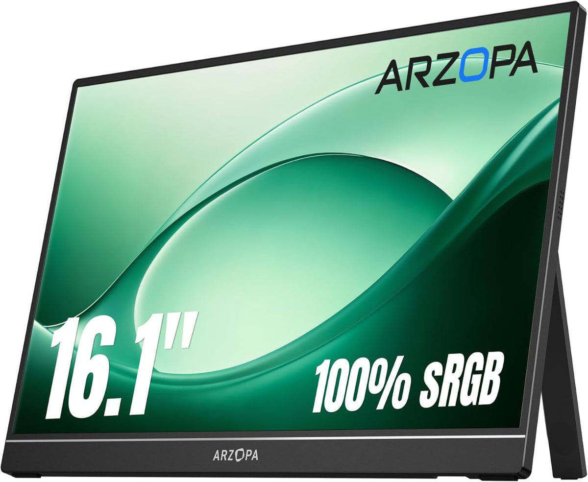 ARZOPA Z1C 16.1-Inch Portable Monitor, 16.1" IPS Display, Full HD Resolution, 60Hz Refresh Rate, USB-C & Mini HDMI, Built-in Kickstand, Built-in Speakers, PC, Mac, PS5, Xbox & Switch.