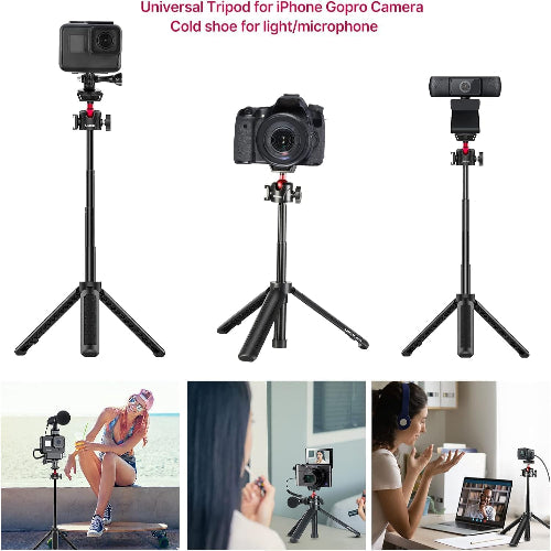 ULANZI MT-16 Extendable Phone Camera Tripod, 4 Levels Adjustment 360° Ball Head Cold Shoe Lightweight Portable Vlog Travel Selfie Stick Handle Grip Desktop Webcam Tripod for iPhone DSLR Sony Gopro