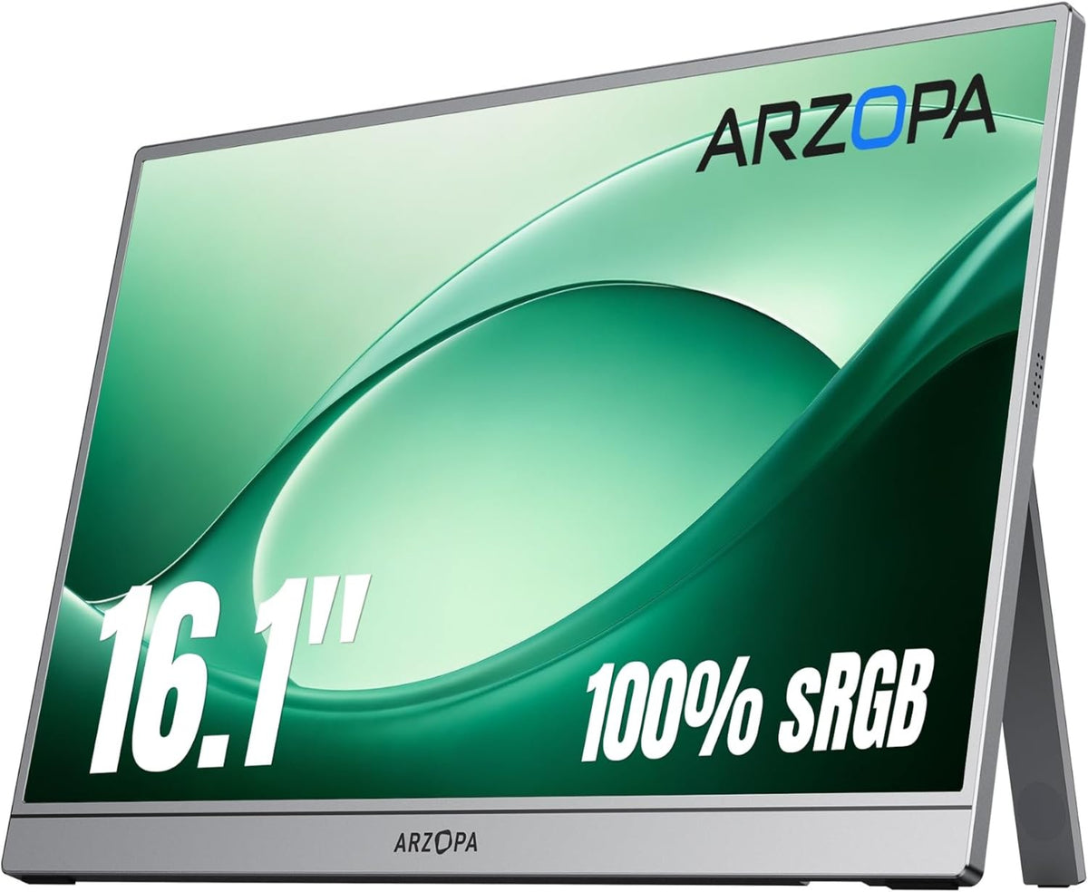 ARZOPA Z1C Grey Portable Monitor, 16.1" IPS Display, Full HD Resolution, 100% sRGB, Ultra-Slim Aluminum Design, Lightweight External Screen for Laptop, PC, Mac, PS5 & Xbox, Grey | Z1C-Grey