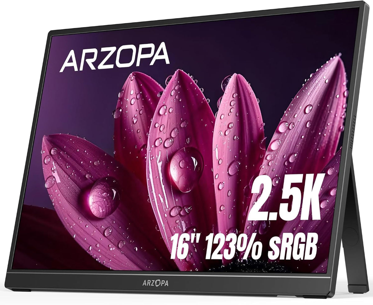 ARZOPA Z1RC 16" 2.5K Portable Monitor, 2560x1600 QHD IPS Display 123% sRGB with Built-in Stand USB-C HDMI Eye Care External Second Screen for Mac Laptop Phone PS4/5 Xbox Switch.