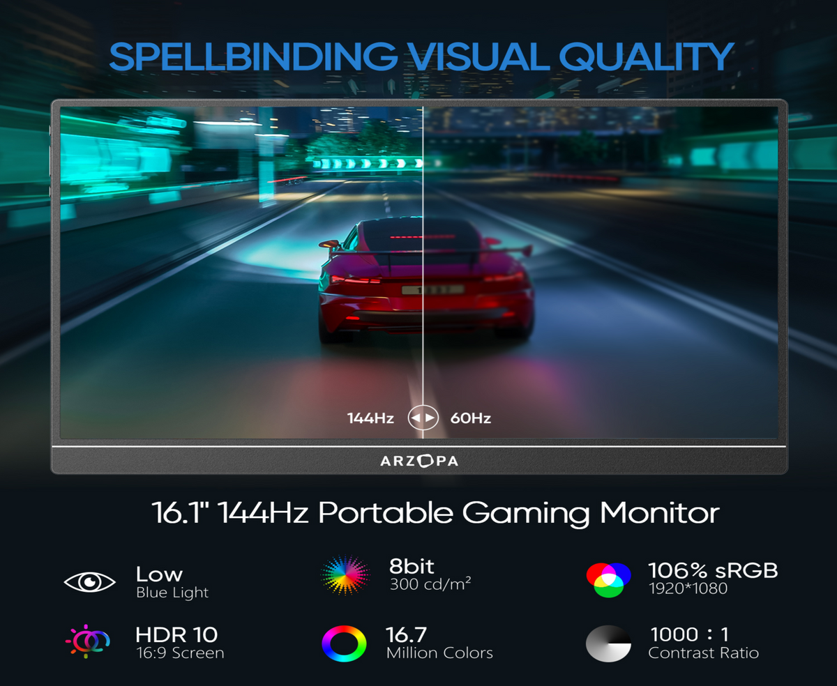 ARZOPA Z1FC Portable Gaming Monitor, 16.1" IPS Display, FHD Resolution, 144Hz Refresh Rate, 16.7m Color Display, Eye Care, External Second Screen for Laptop, PC, PS5, Mac, Xbox, Black | Z1FC
