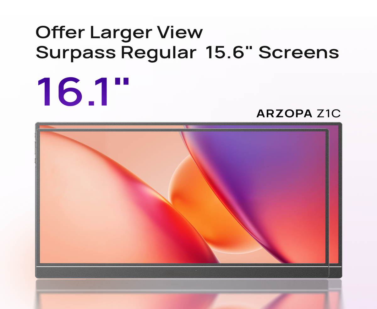 ARZOPA Z1C 16.1-Inch Portable Monitor, 16.1" IPS Display, Full HD Resolution, 60Hz Refresh Rate, USB-C & Mini HDMI, Built-in Kickstand, Built-in Speakers, PC, Mac, PS5, Xbox & Switch.