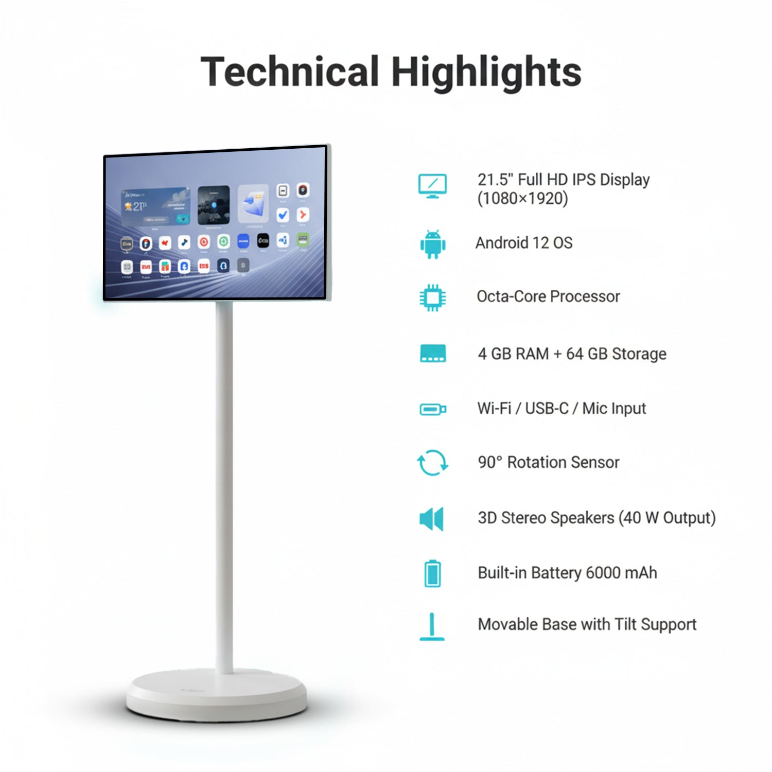 Taktik Floor Standing Smart Screen 21.5 Inch Android Touch Display with 1080p Resolution