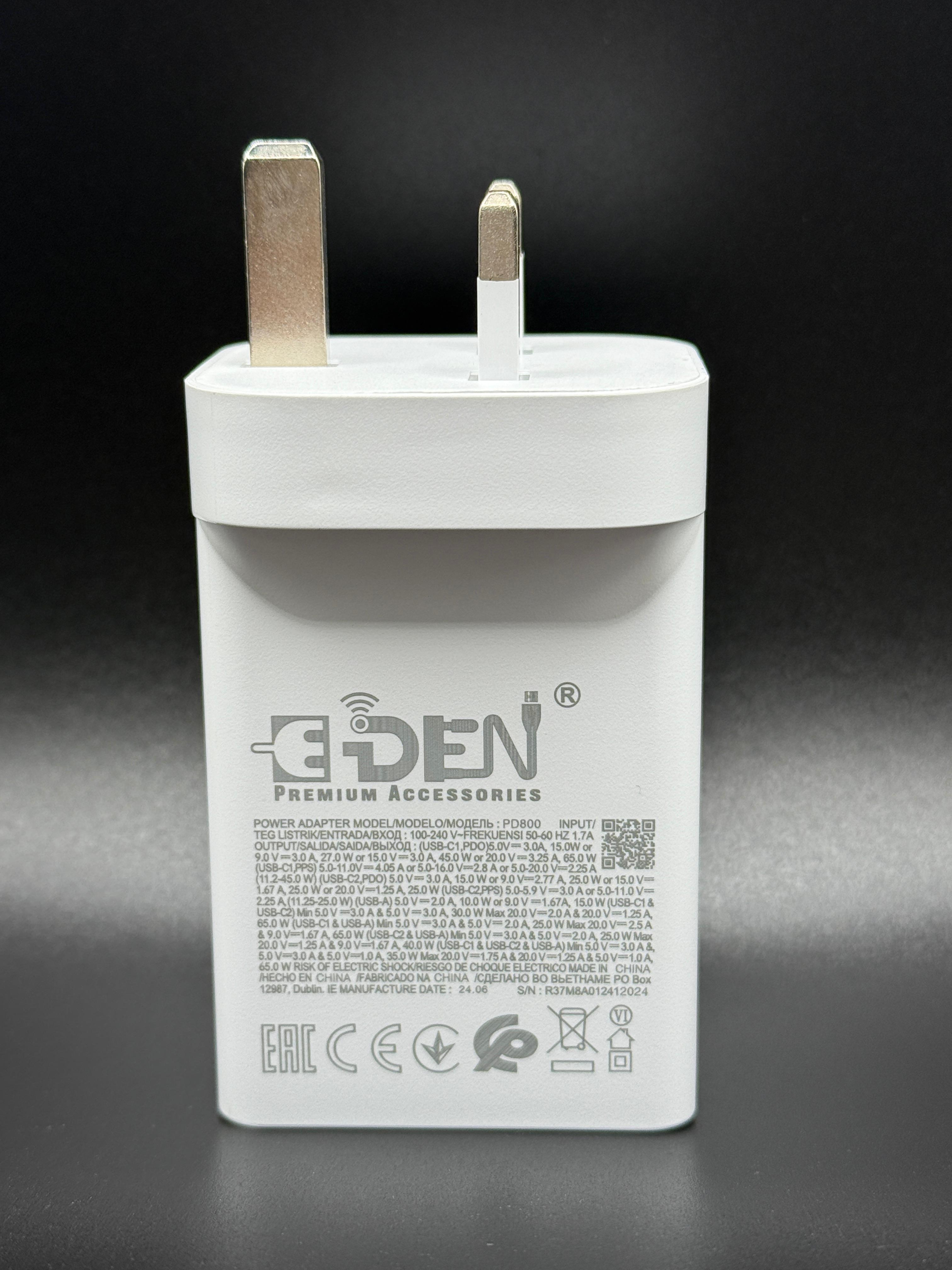EDEN 65W Triple-Port Fast Charging Adapter – Dual USB-C + USB-A | Smart Power Distribution | Premium Build